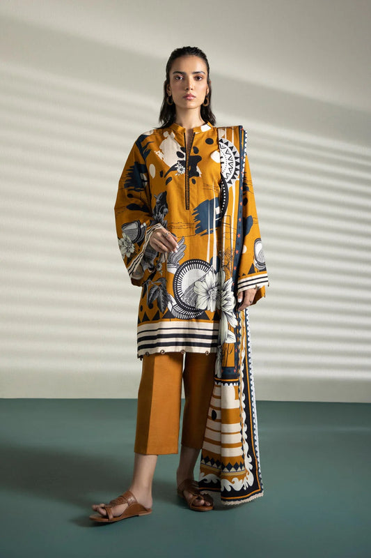 3-Piece Stitched Khaddar Mustard Printed