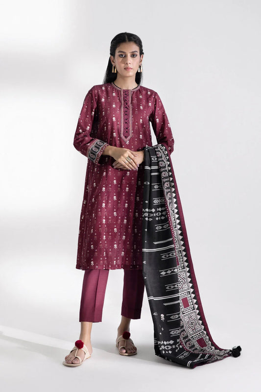 3-Piece Maroon Khaddar Suit